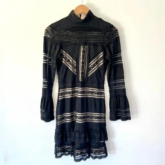 Parker Nadia Black Lace Long Sleeve Ruffle Cuff Mini Dress Size 2 - Picture 2 of 13